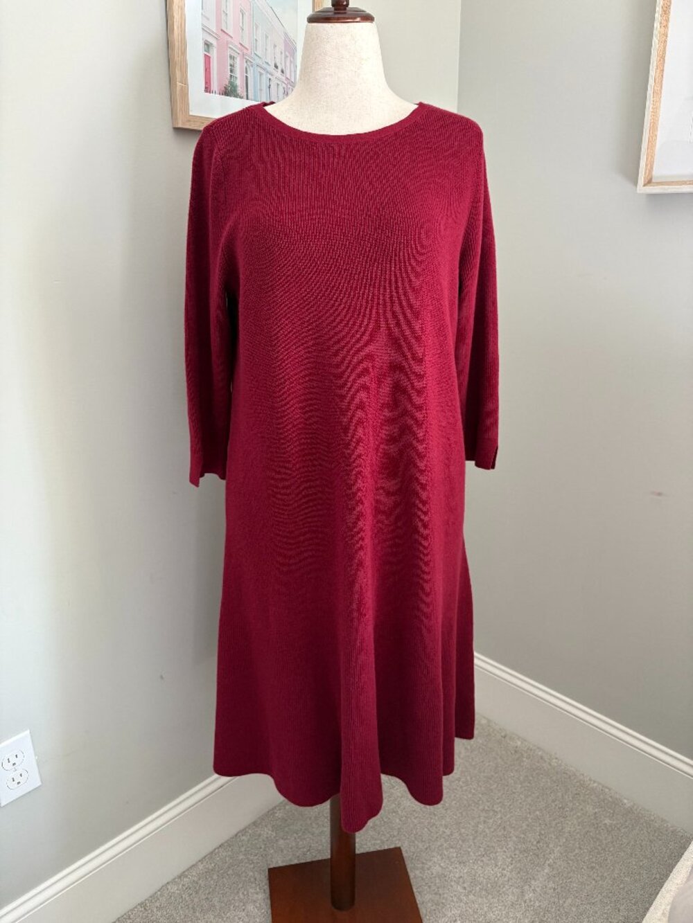 J. Jill Size L Cotton Blend Ribbed Knit Sweater Dress in Burgundy